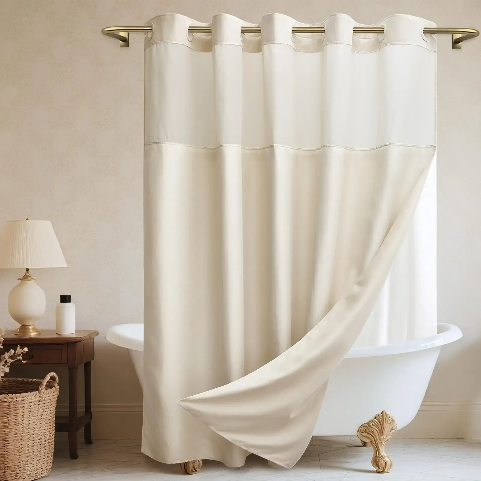 No Hook Cream Shower Curtain and Liner, Linen-Look Polyester Textured Shower Curtain with Snap in Liner, Waterproof & Washable Bath Curtains for Bathroom, 71Wx74H