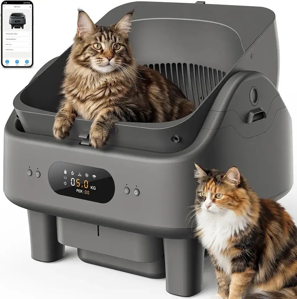 Open Top Self Cleaning Litter Box, Automatic Cat Litter Box for Multiple Large Cats with APP Control, 10 Safety Sensors Anti-Pinch, 6" Large LED, Odor Control, Trash Bags,Cat Stair, Litter Mat
