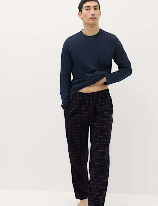 Kariertes Pyjama-Set aus reiner angerauter Baumwolle
