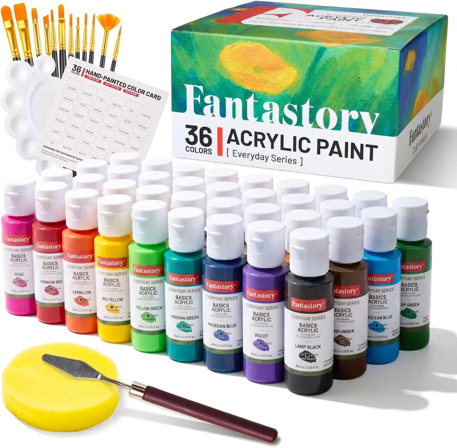 Fantastory 60ml 36 Colors Acrylic Paint Set with 12 Brushes | with 12 Brushes, Chart, Palette, Scraper, Sponge - 3 Metallic, Non-Toxic, Waterproof for Wood, Rock, Canvas, Clay, DIY, 3D