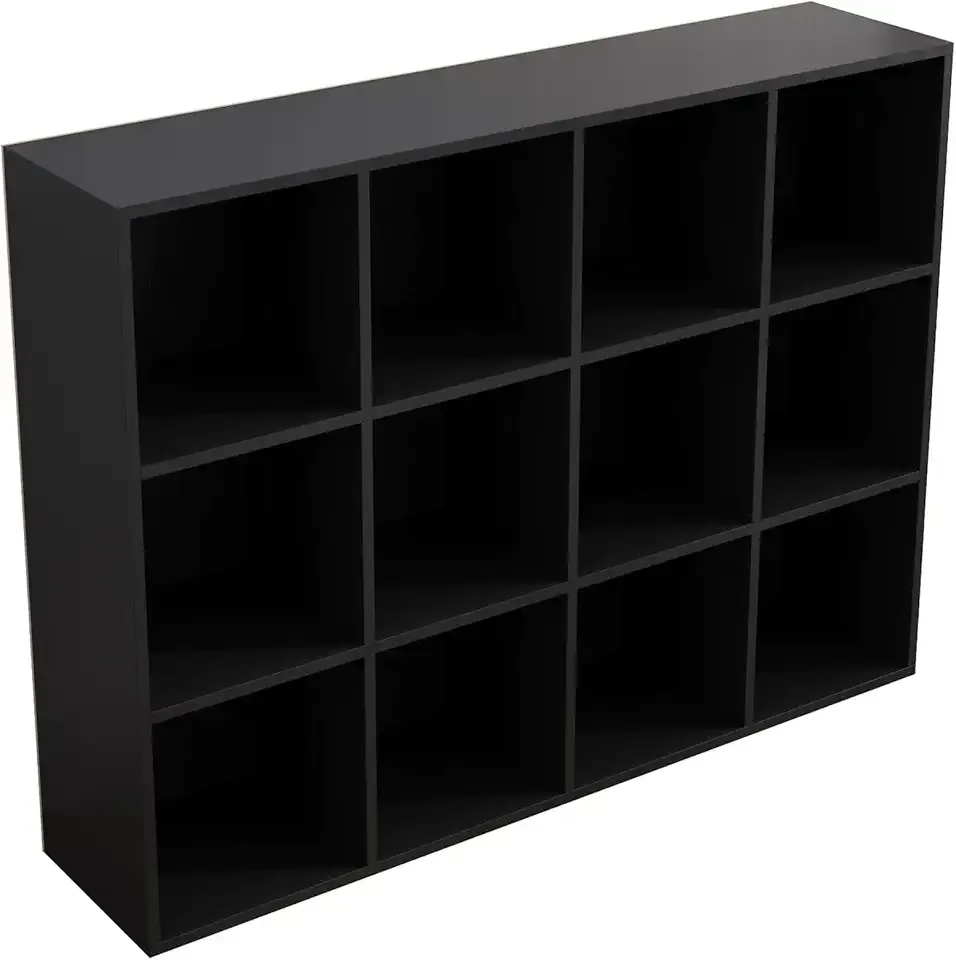 12-Cube Storage Shelf Bookcase - Wooden 3-Tier Floor Standing Open Bookshelf for Home and Office, Display Cabinet, Black