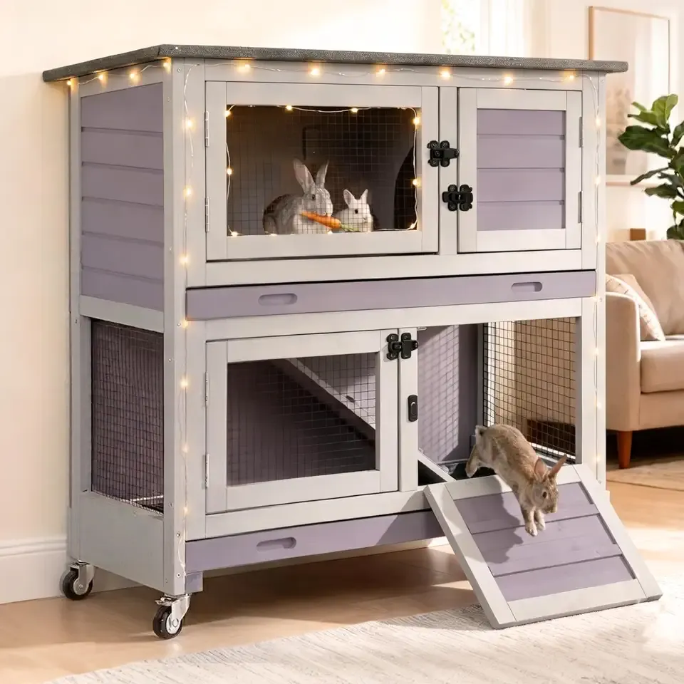 Suumerpety 36" 2-Story Wooden Rabbit Hutch with Chew-Proof Ramp, Dual Leak-Proof Pull-Out Trays & 4 Lockable Wheels, Indoor Outdoor Bunny Cage for Rabbits & Guinea Pigs (Grey)