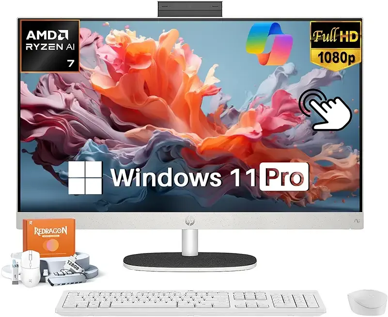 HP 27" All-in-One Touchscreen Desktop Computer, AMD Ryzen AI 7 350, 64GB DDR5-5600 MHz, 2TB SSD, FHD IPS 250Nits Display, Windows 11 Pro, Copilot AI, Private Cam, BT 5.4, KB & Mouse, Accessories