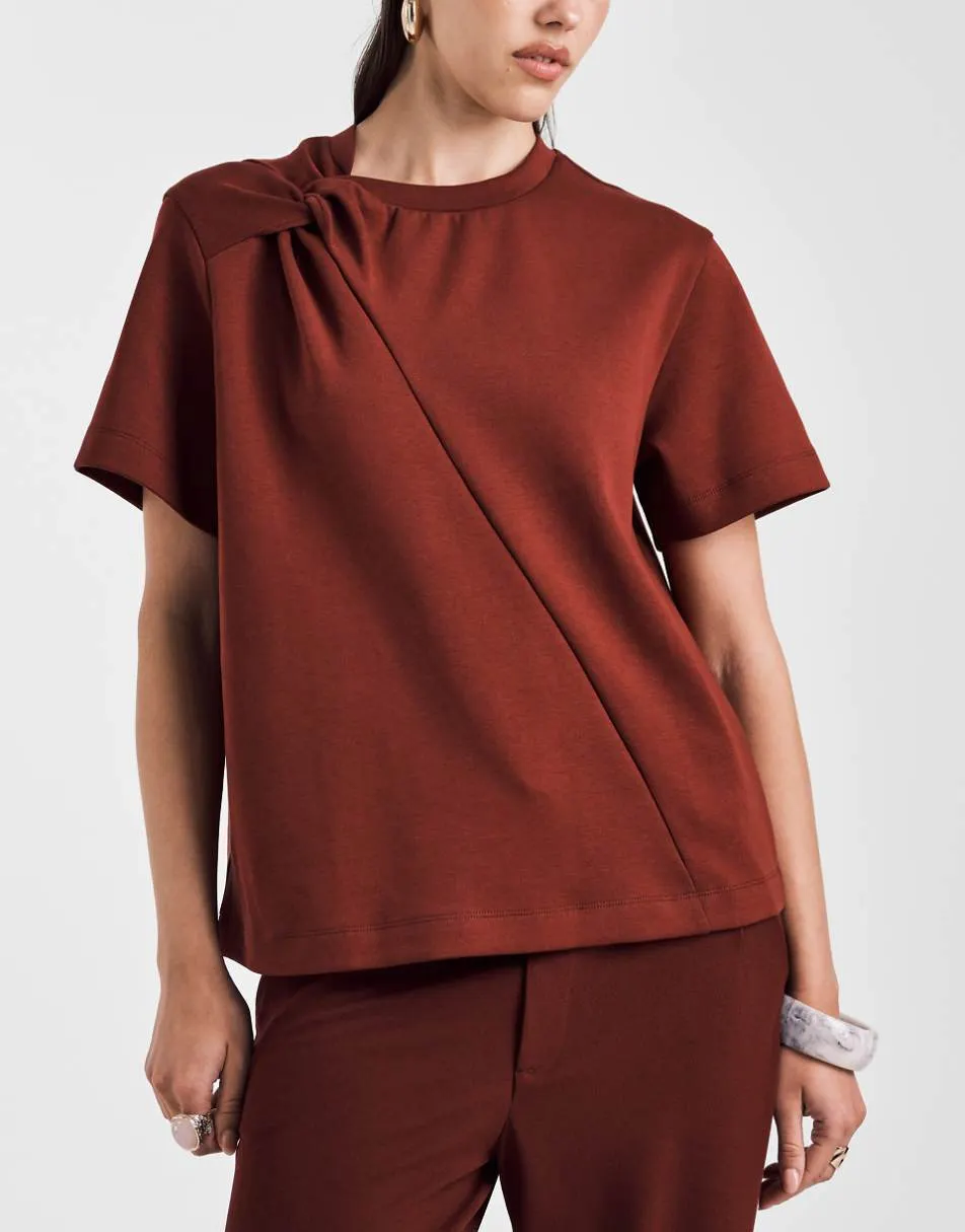 ASOS DESIGN twist shoulder t-shirt in dark cherry