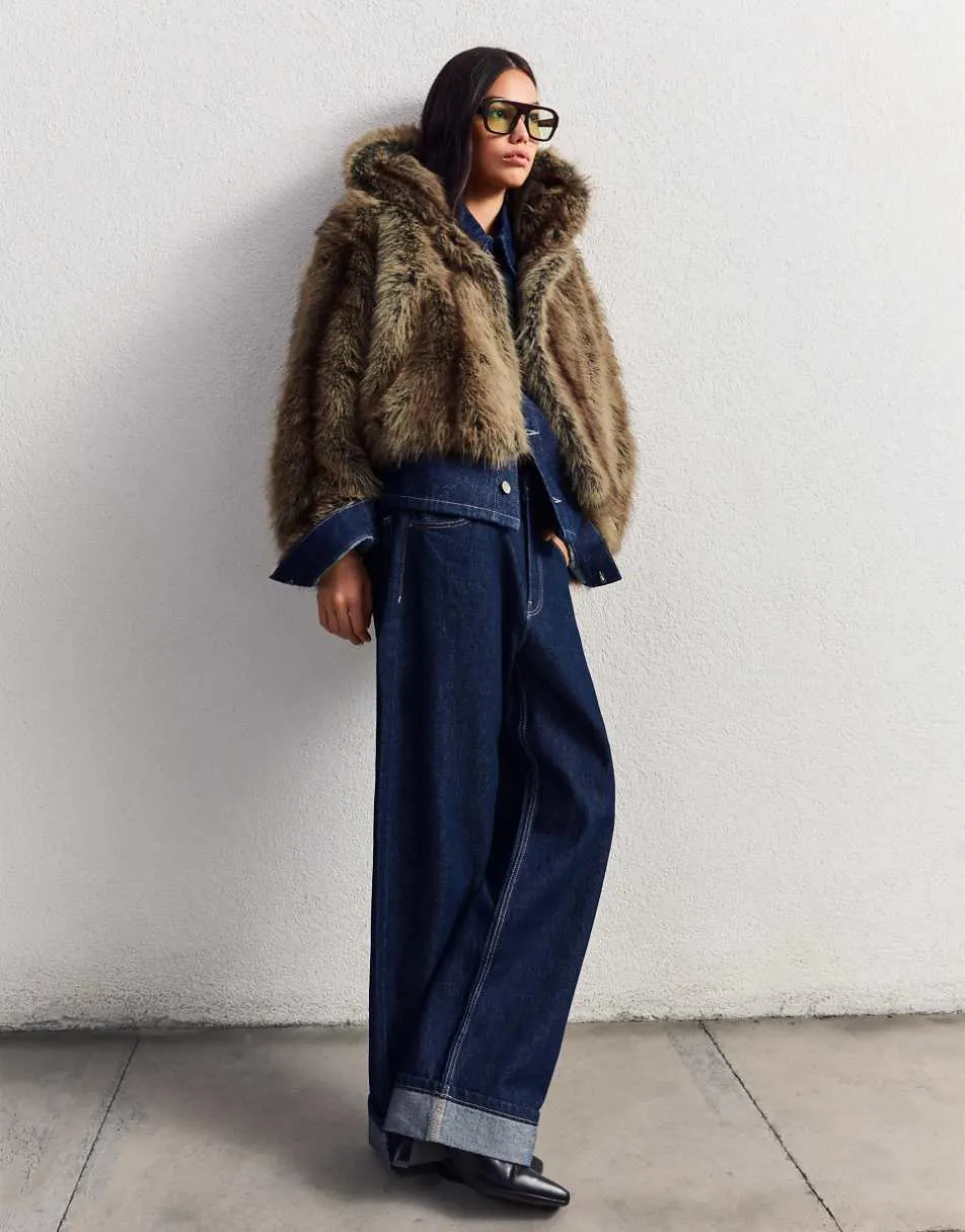 Bershka Hooded faux fur jacket in brown