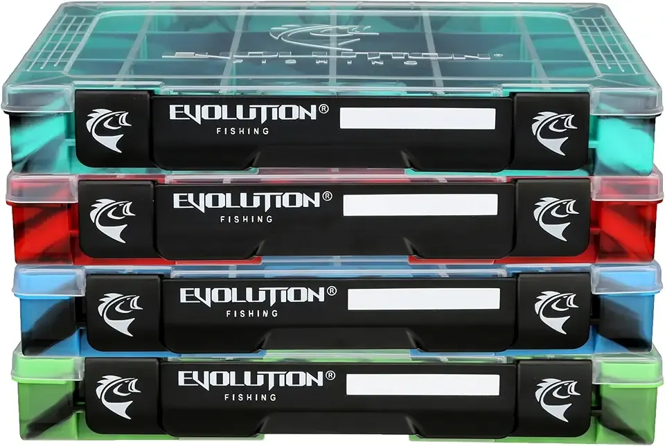 Evolution Outdoor 3600 Drift Series QuikLatch Fishing Tackle Tray Multi Color 4 Pack – Green, Blue, Red, Seafoam Colored Tackle Box Organizer with Removable Compartments, Utility Box Storage