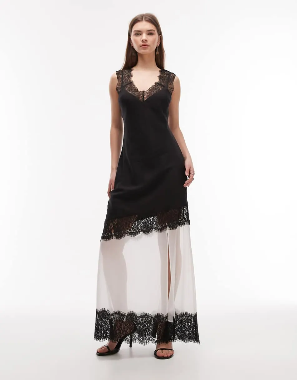 ASOS DESIGN lace sleeve detailing asymmetric seam maxi dress black and white