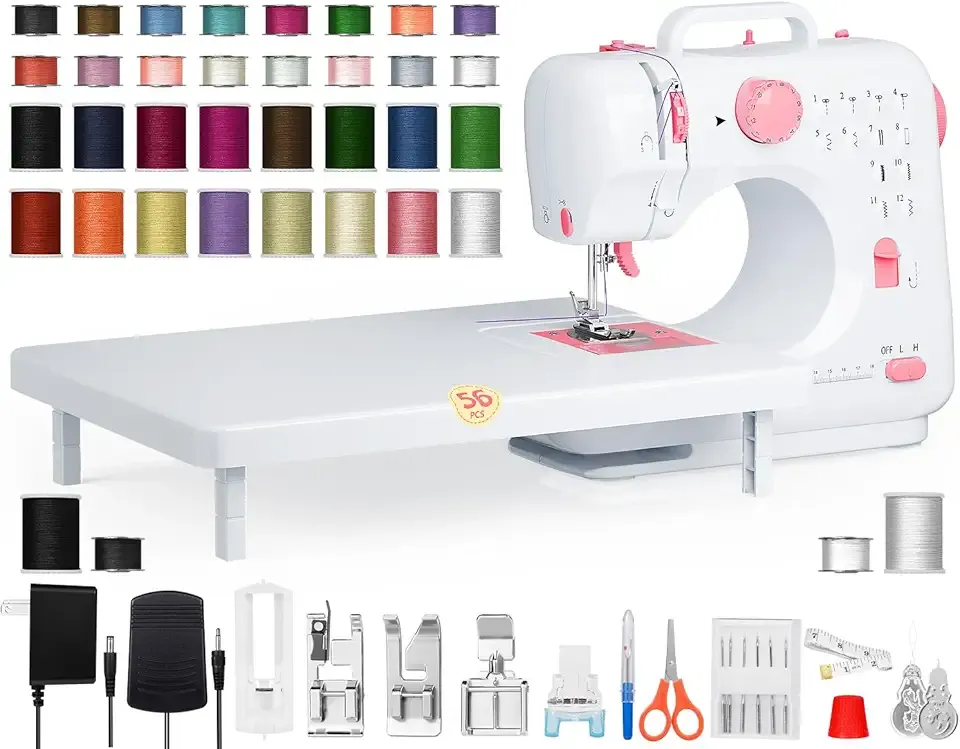 Portable Sewing Machine for Beginners, Small Easy to Use with 12 Built in Stitches, Reverse Stitching, Extension Table, LED Light, 32 Color Thread Kit for Home Mending, Crafts, Kids and Adults, Pink