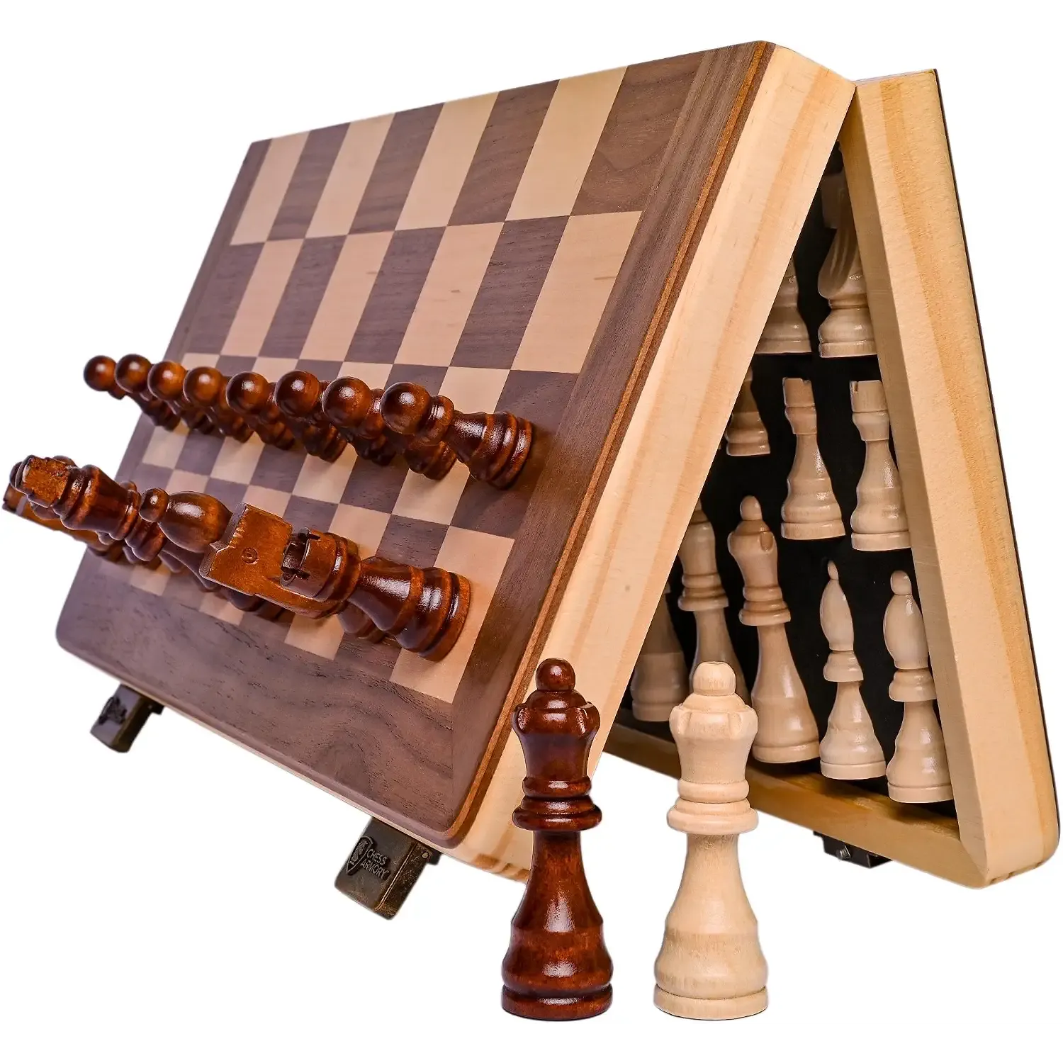 Chess Armory 15 Inch Magnetic Wooden Chess Set with Folding Board | Travel Chess Set with Handcrafted Staunton Pieces, 2 Extra Queens and Built-In Storage Slots, Gift for Chess Players