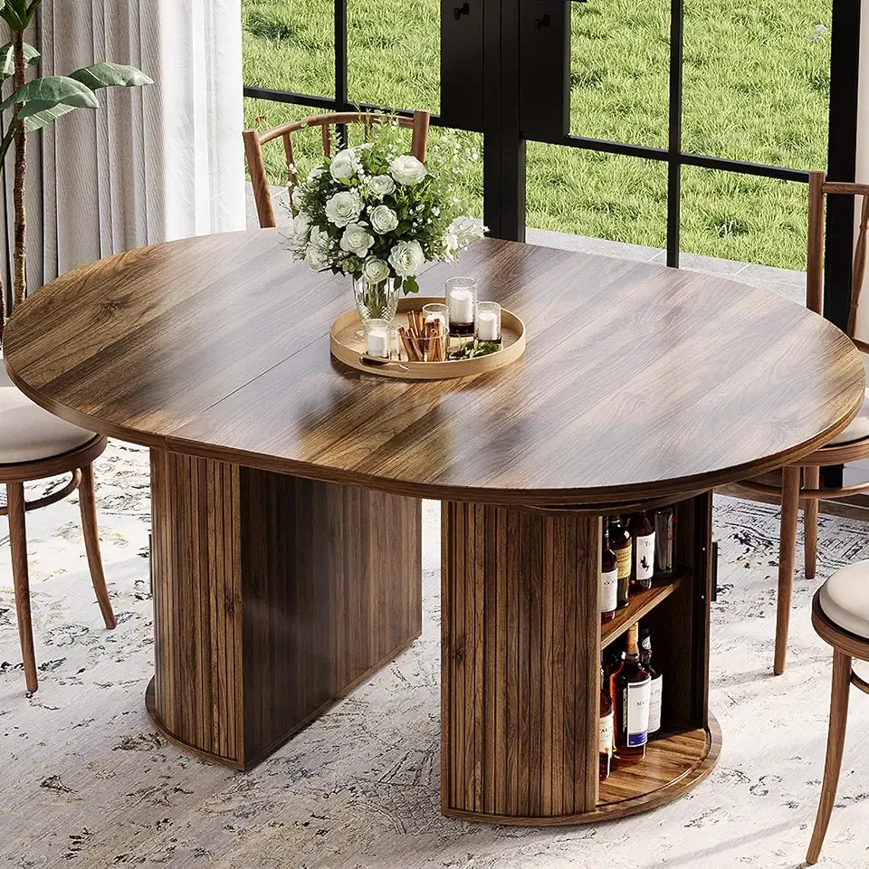 Garvee 63" Extendable Round Dining Table, Expandable Kitchen Table for 4-6 | 47.5 to 63 Inch Oval Pedestal Dinner Table with 4-Tier Hidden Storage, Sliding Doors & Hollow Open Shelf, Walnut Brown