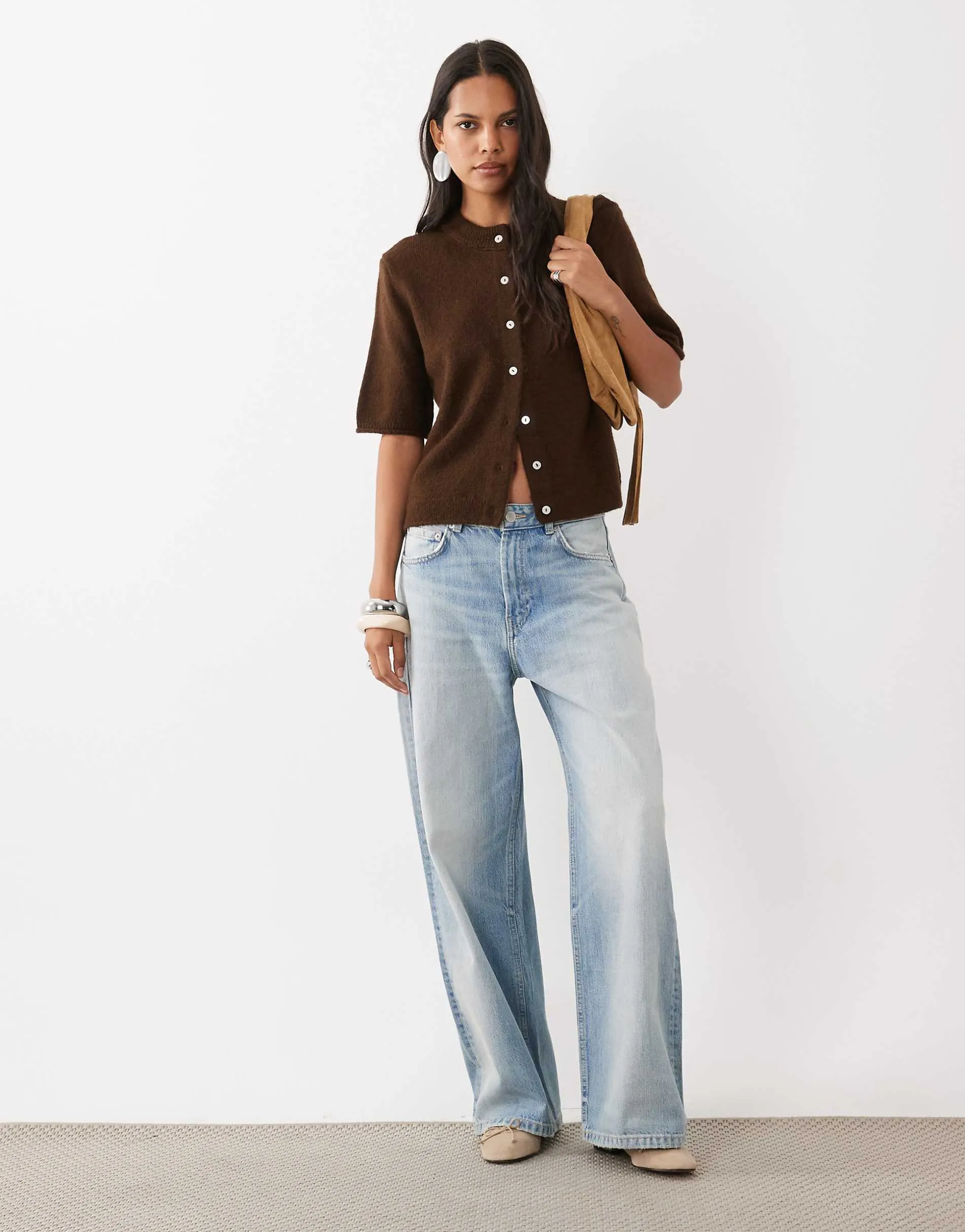 ASOS DESIGN lightweight relaxed short sleeve cardigan in chocolate