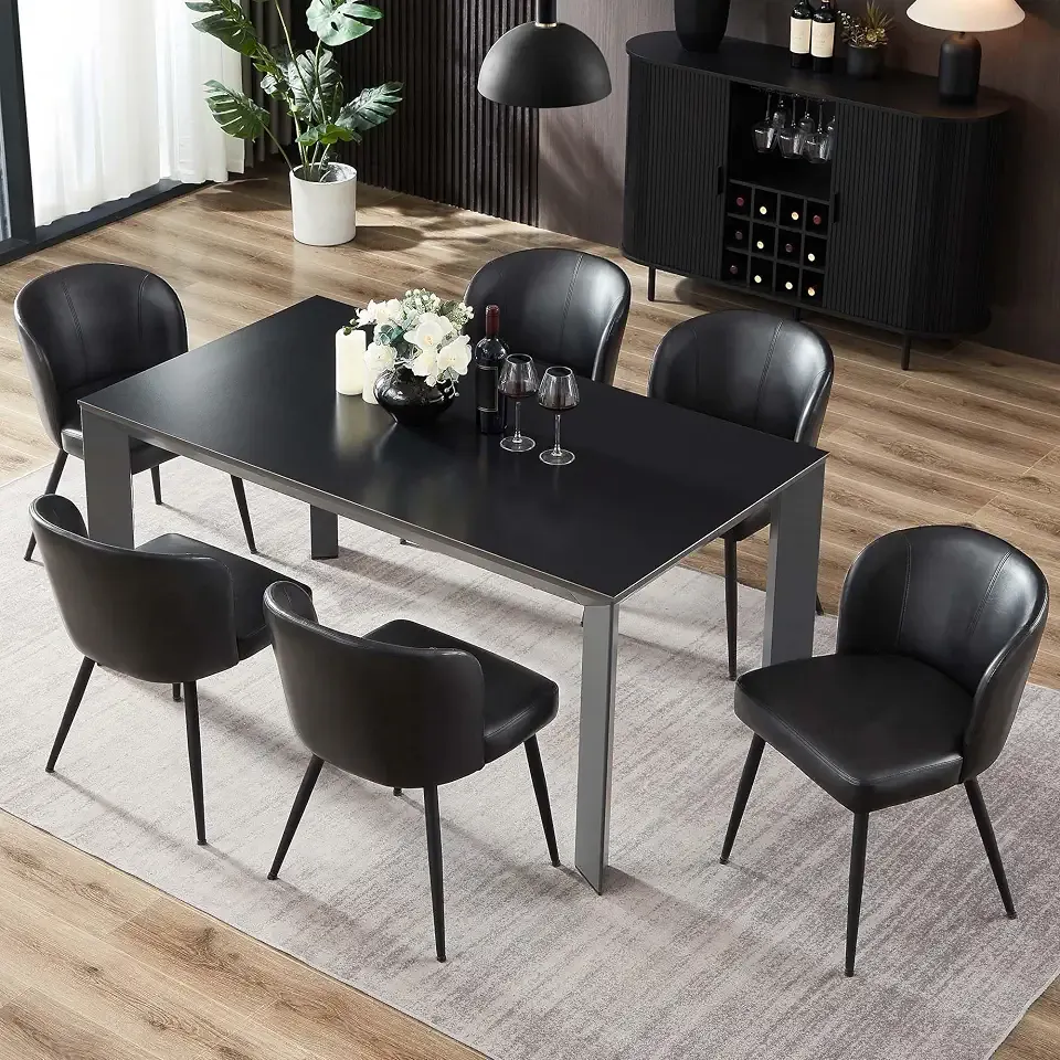BedsPick Dining Chairs Set of 6 - PU Leather Kitchen Chairs with Metal Legs, Mid-Century Modern Upholstered Dining Room Chair for Kitchen, Living Room, Ink Black