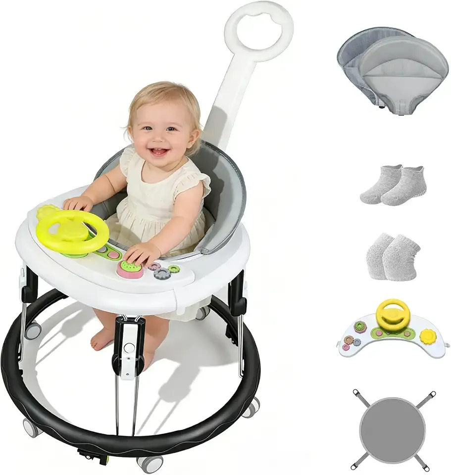 Foldable Baby Walker for Boys and Girls, 5-in-1 Baby Walker with Wheels, Adjustable Height Toddler Activity Walker with Music Tray, Detachable Seat and Mute Anti-Rollover Baby Walkers for 8-24 Months