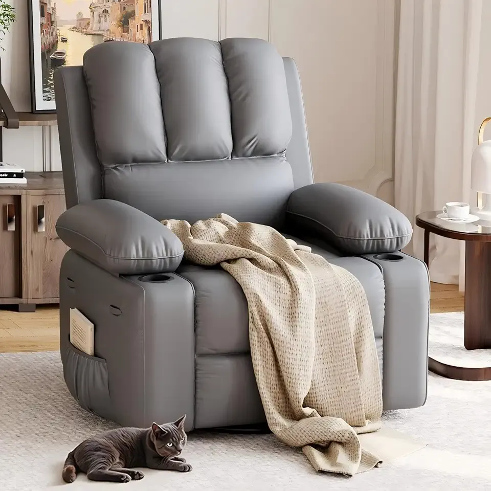 GarveeHome Recliner Chairs, Classic Manual Leather Recliner, Home Theater Seating with Lumbar & Arms Support for Living Room, Bedroom and Nursery - Gray