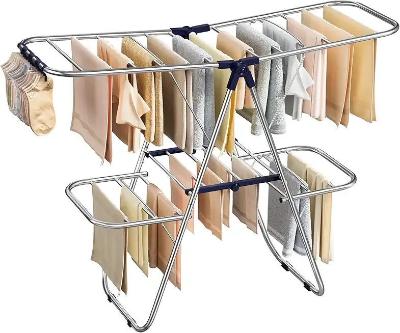 SONGMICS Clothes Drying Rack, Foldable Laundry Drying Rack, Sock Clips, Metal Clothes Airer with Height-Adjustable Gullwings, Space-Saving, Indoor Outdoor, 17 x 51.2 x 41.7 Inches, Blue ULLR506EQ01