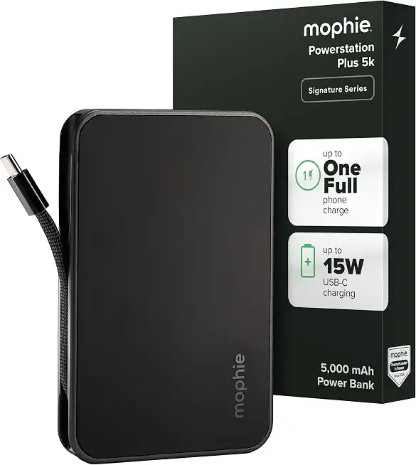mophie Powerstation Plus mini 5K Portable Charger, Signature Series | 5,000mAh Power Bank for iPhone 17 / 16, Integrated USB-C Cable, 20W Fast Charging, Premium Materials, Airline Friendly