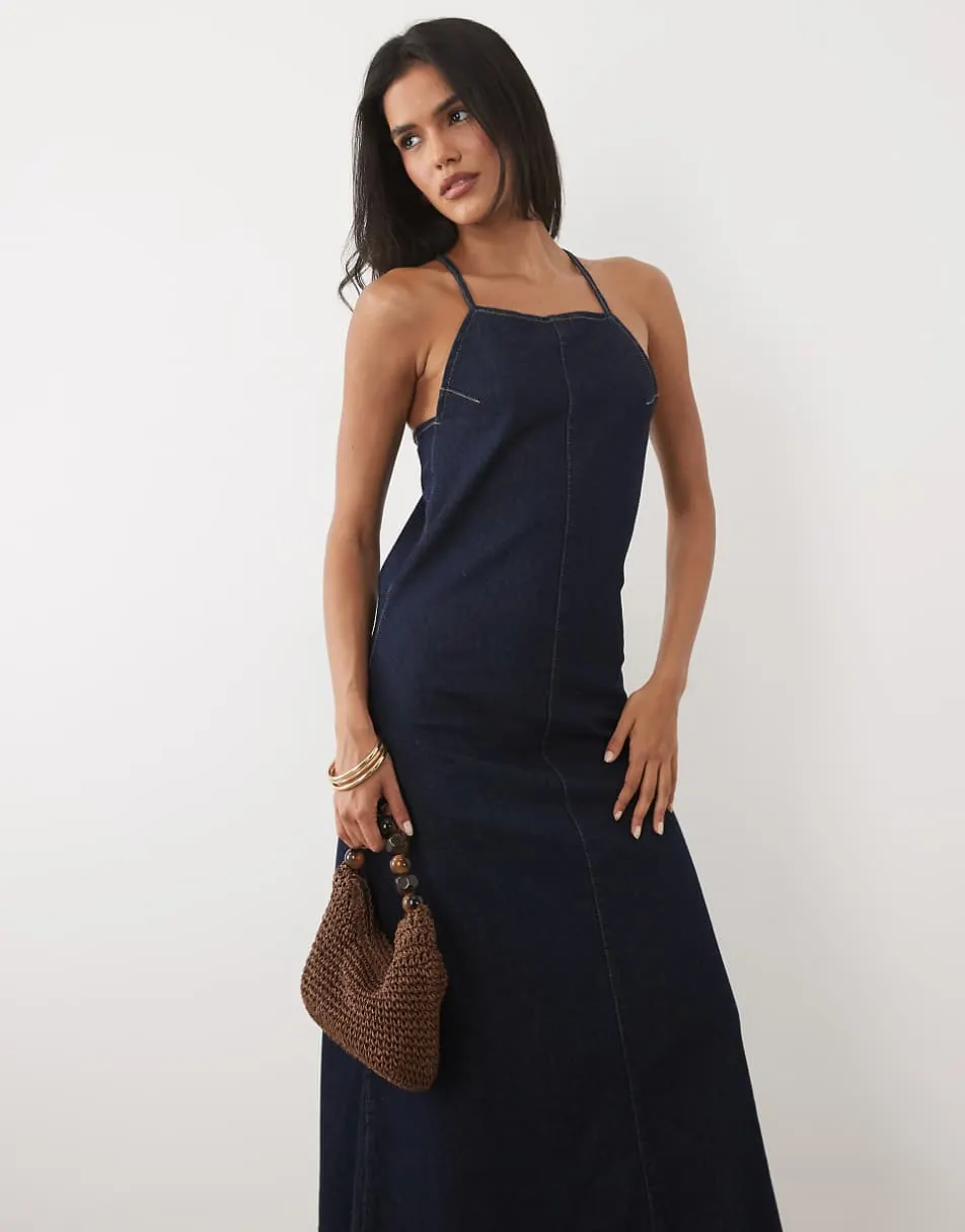 ASOS DESIGN square neck denim maxi dress in rinse