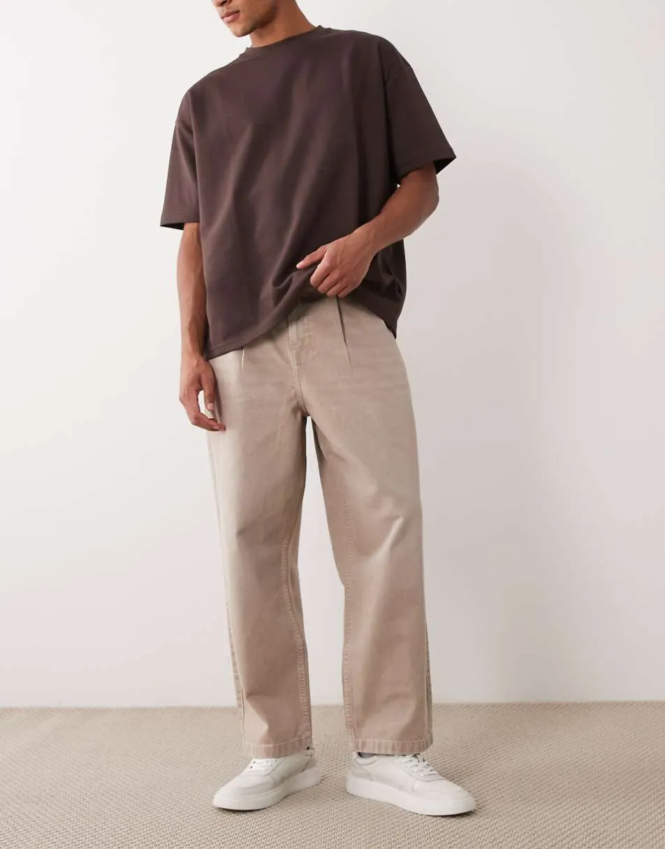ASOS DESIGN relaxed tapered jeans in washed beige with pleats
