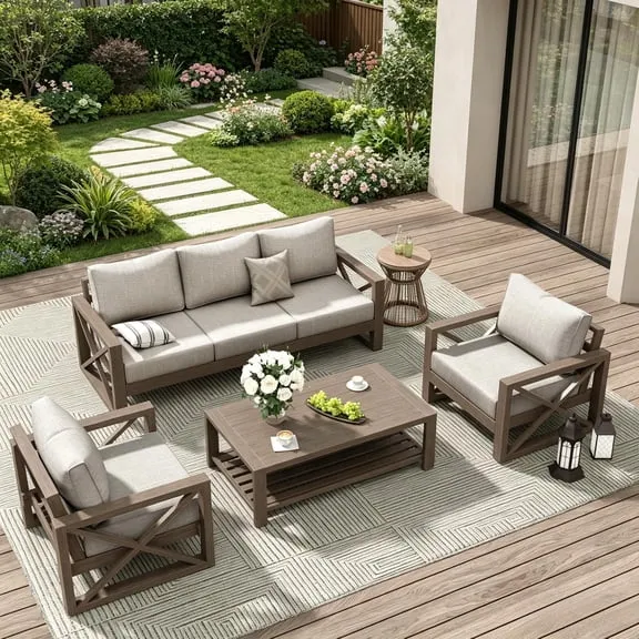 Reduced price ELPOSUN Aluminum Outdoor Patio Furniture Set,6-Pieces Modern Metal Outdoor Furniture, Faux Wood Grain Finish Frame Patio Conversation Sofa Sets with 6"Thick Cushion for Porch,Backyard,Deck,Biege