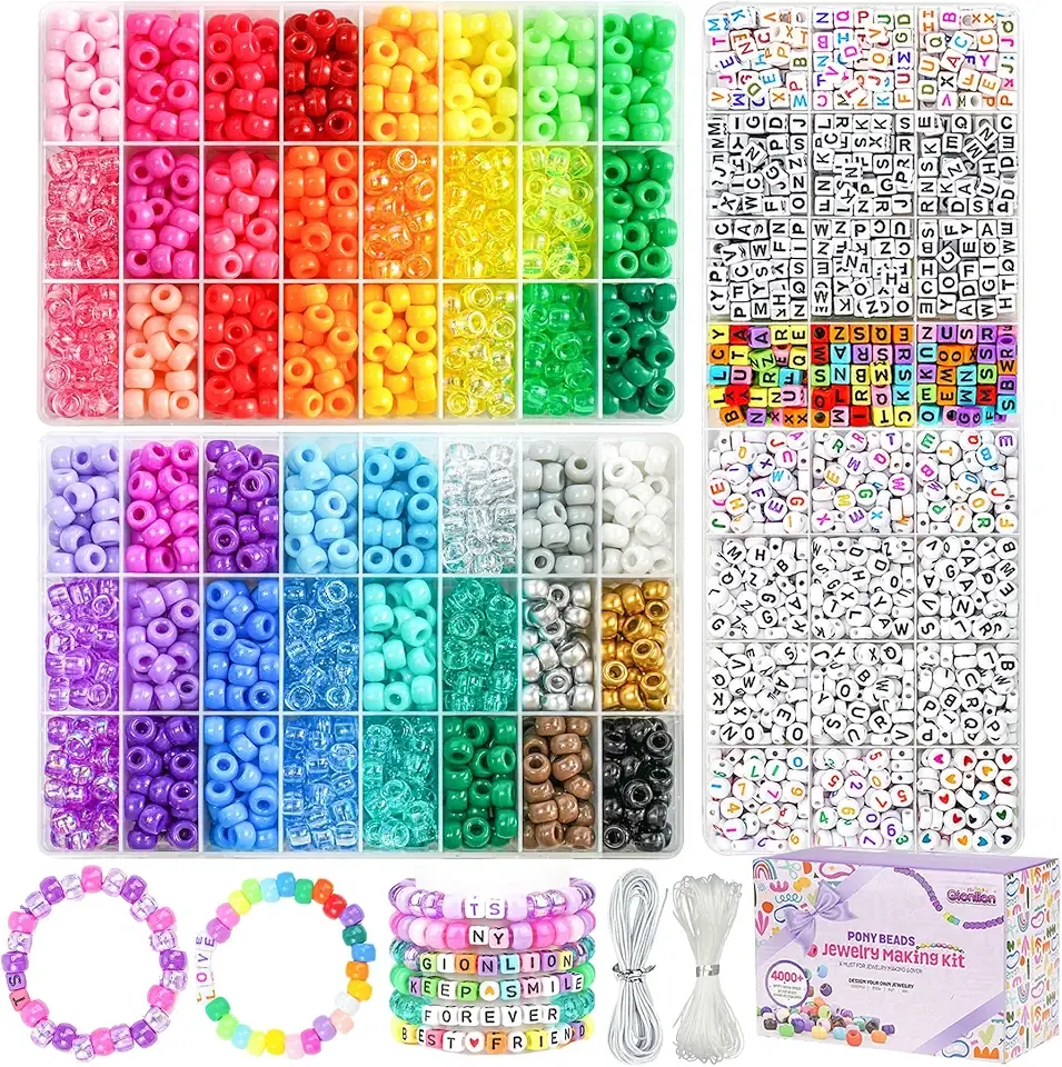 Gionlion 4200Pcs Pony Beads for Bracelet Making Kit, 48 Colors Kandi Beads Bracelet Kit, 2500PCS Rainbow Candy, 1700PCS Friendship Letter Bead with 20 Meter Elastic Strings for Jewelry Making