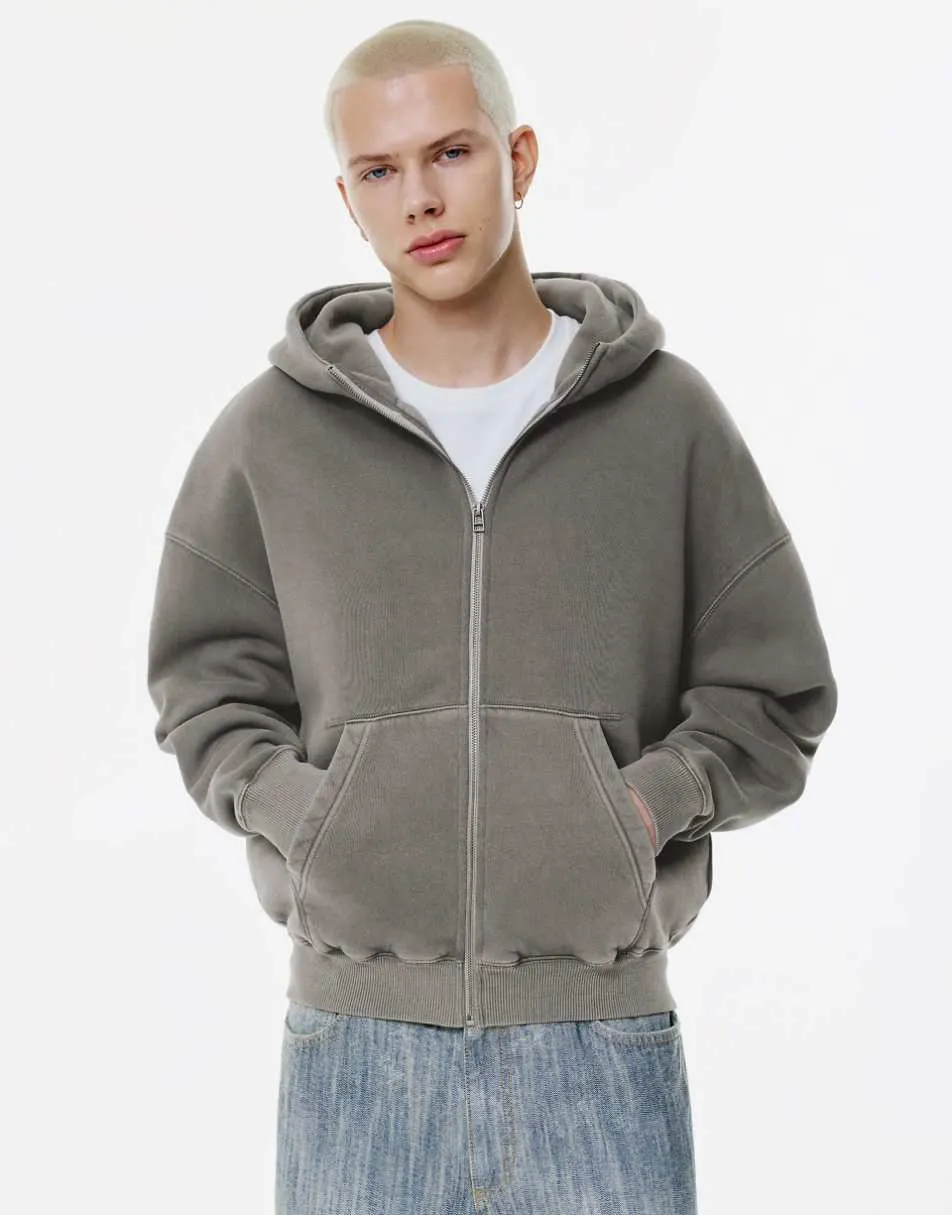 Pull&Bear Washed boxy zip-up hoodie in grey