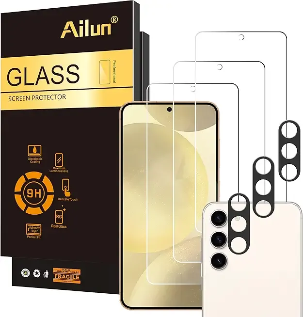 Ailun Screen Protector for Galaxy S24 3 Pack + 3 Pack Camera Lens Tempered Glass Fingerprint Unlock Compatible 0.25mm Anti-Scratch Case Friendly Clear - HD