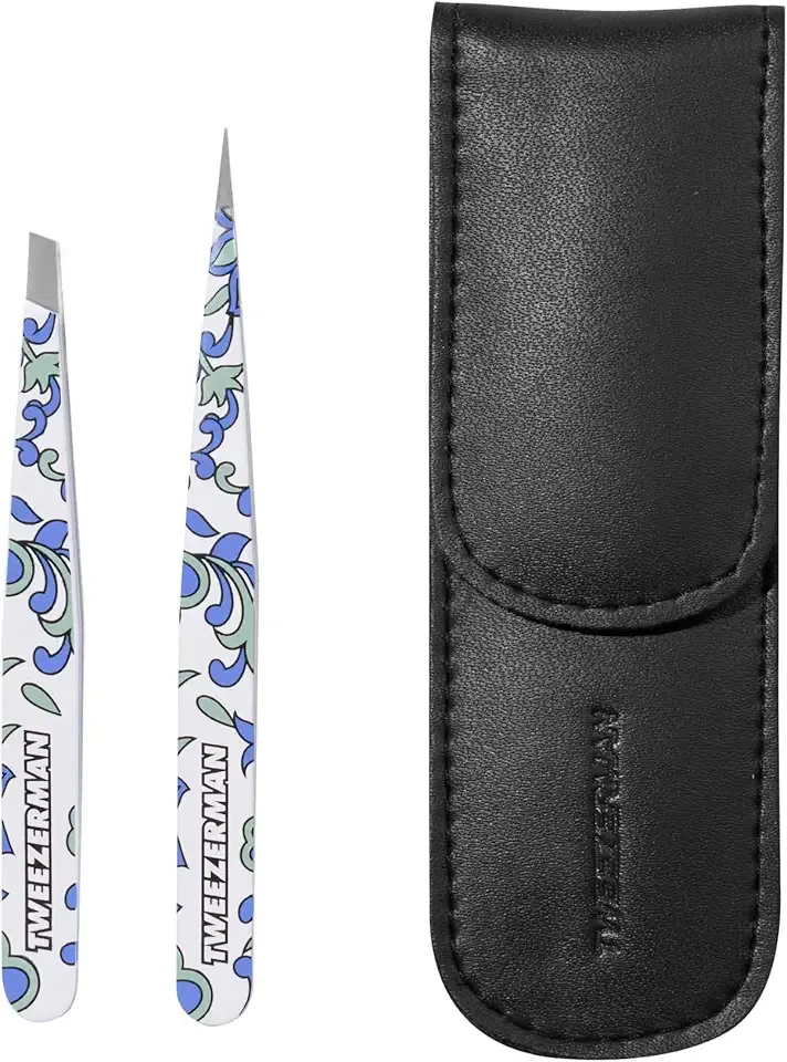 Tweezerman Paisley Petite Point and Slant Tweezer Set with Travel Case - Eyebrows for Women and Men