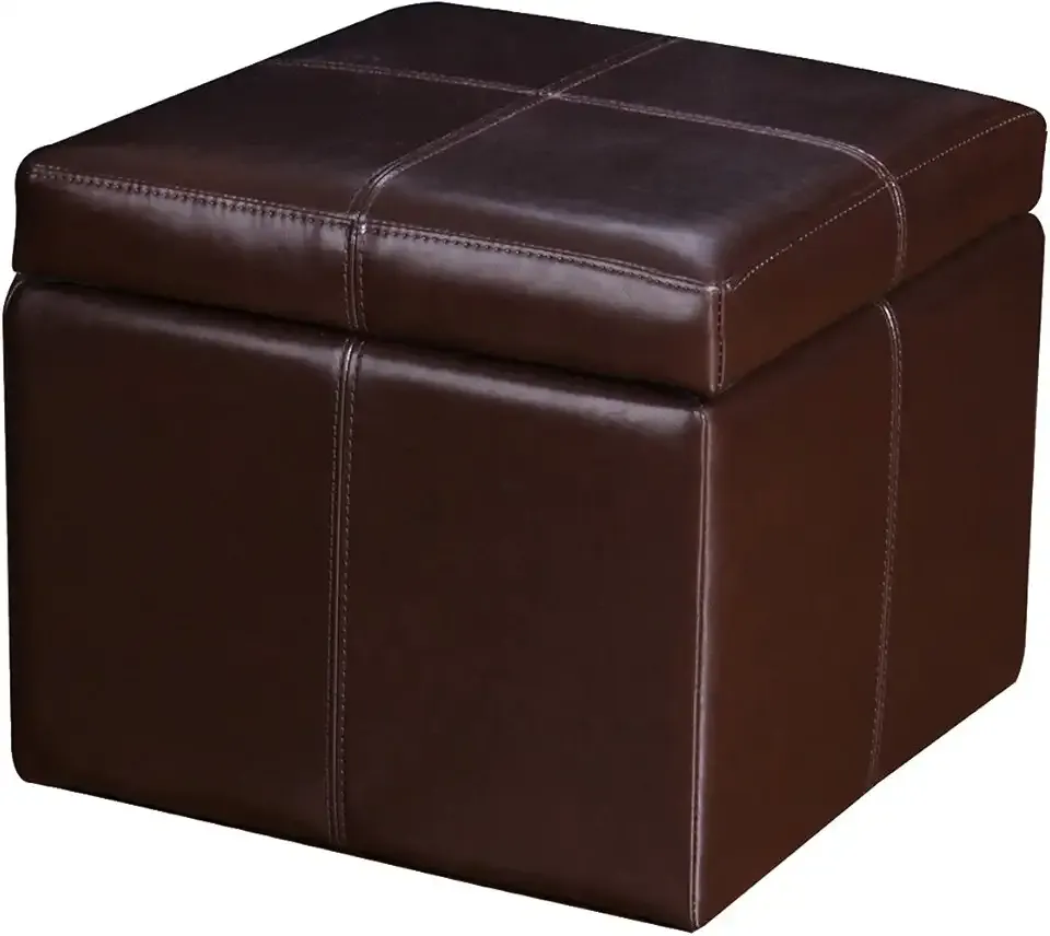 Modern Faux Leather Cube Storage Ottoman Bench with Hidden Storage, Comfortable Footrest Ottoman for Living Room, Bedroom, Entryway - Brown, 17.7" x 17.7" x 15