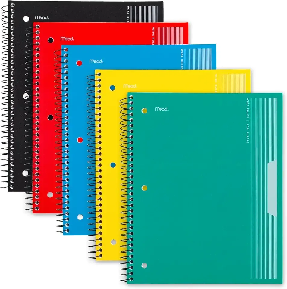 Mead Spiral Notebooks, 1 Subject, Wide Ruled Paper, 8" x 10-1/2", 100 Sheets, Assorted Colors, 5 Pack (930093)