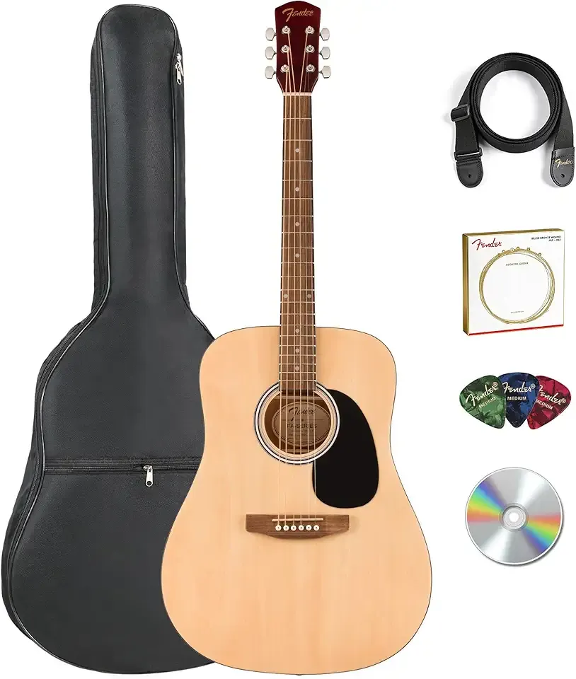 Fender Dreadnought Acoustic Guitar - Natural Bundle with Gig Bag, Strap, Strings, Picks, and Austin Bazaar Instructional Video