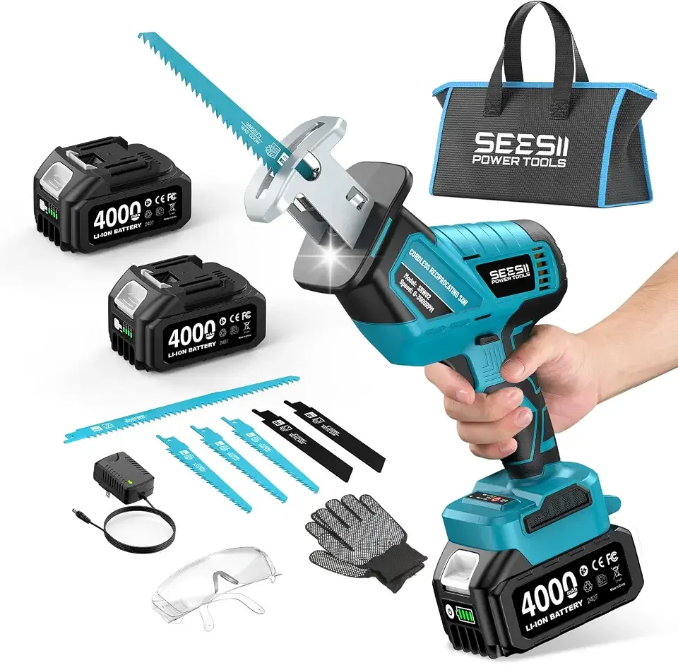 Reciprocating Saw Cordless, Variable Speed 3500 RPM Brushless Motor with 6 Saw Blades, 2 x 4.0Ah Batteries, LED Light, Tool‑Free Blade Change, Portable for Wood PVC Cutting