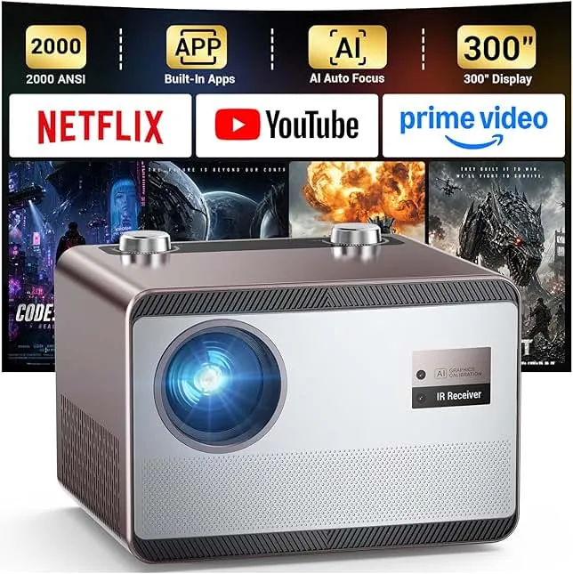 2000 ANSI Lumens Built-in Streaming App Full HD Smart Projector, HAPPRUN Native 1080P Movie Projector with Auto Focus, WiFi and Bluetooth, 300'' Large screen, Suitable for Home, Outdoor and Indoor