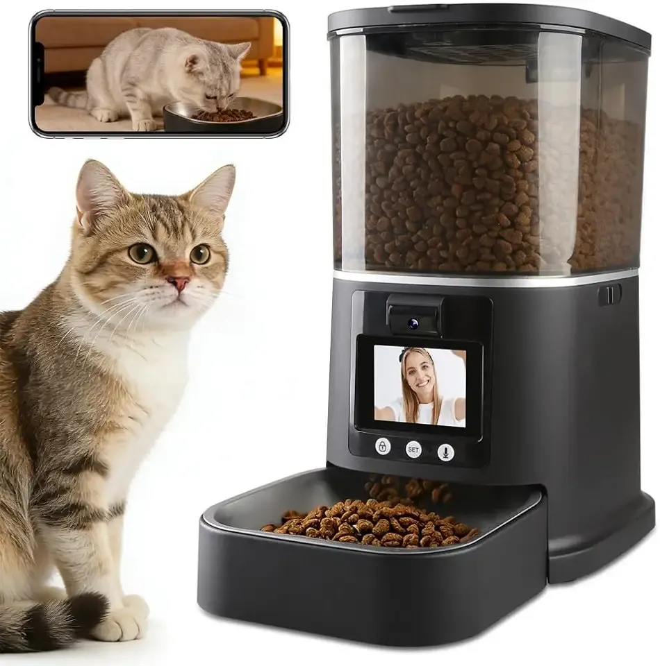 5L Automatic Cat Feeder with Camera, Two-Way Video 3MP HD & Audio, 5G WiFi Automatic Dog Feeder with Night Vision, Cat Food Dispenser with Dog Food Container for Multiple Pets