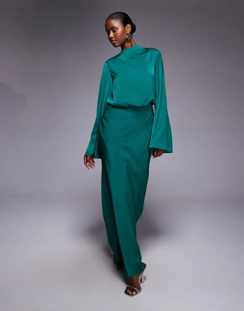 ASOS DESIGN satin blouson bodice long sleeve maxi dress in steel blue