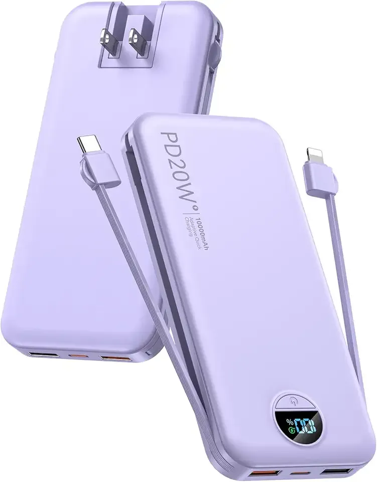 citicr Portable Charger 10000mAh PD20W w/Built-in Cables & Wall Plug Purple | Fast charging, Built-in wall plug, LED display, Charge 5 devices at once, Pass through charging, TSA approved, Pocket size