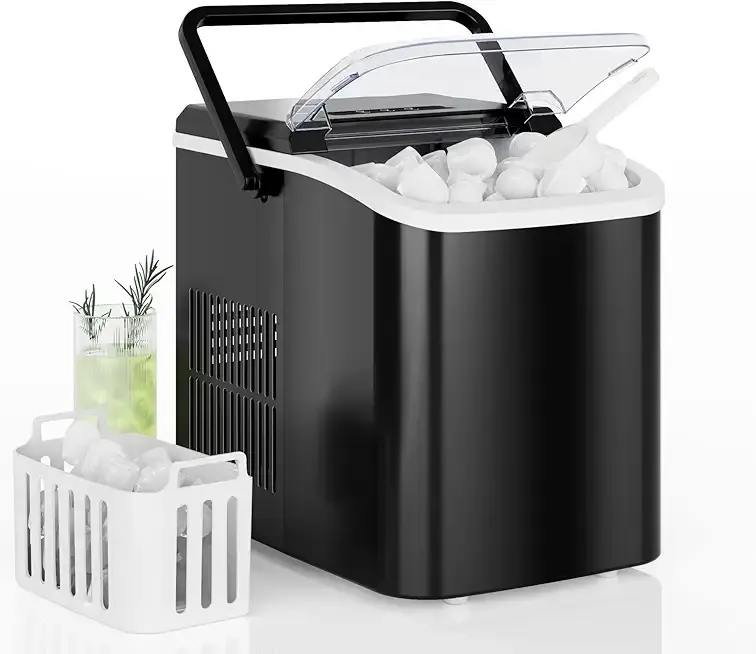 DUMOS Countertop Ice Maker with Handle, 26lbs/24H Portable Ice Machine, 9 Bullet Ice Cubes Ready in 6 Mins, Self-Cleaning, Quiet Compact Ice Maker for Home, Kitchen, RV, Camping, Black