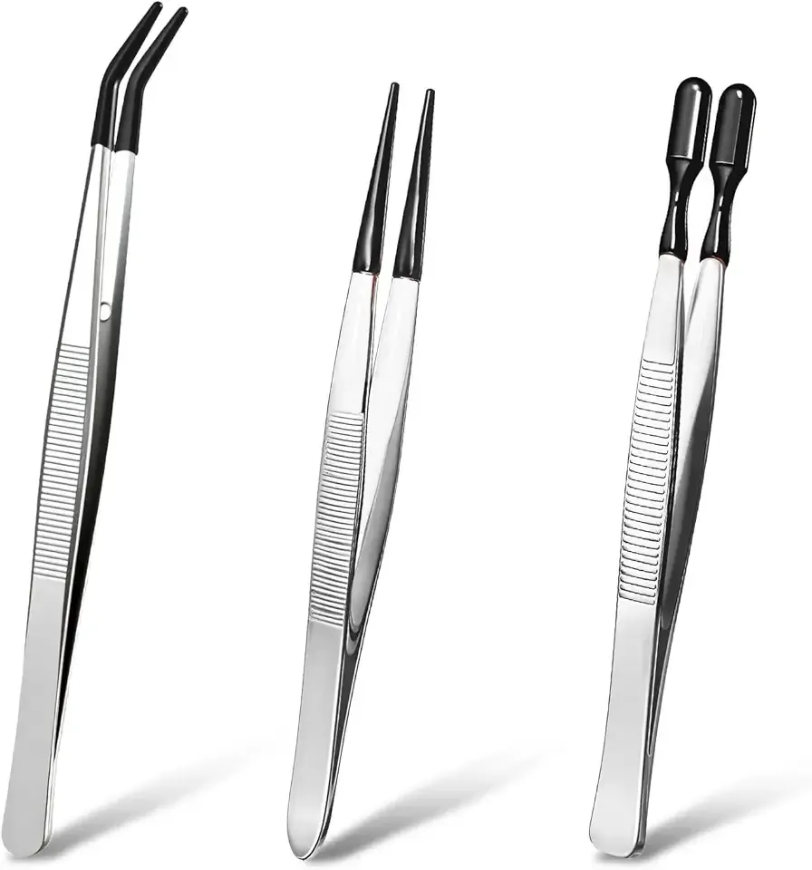 3 Piece Tweezers with Rubber Tips Set, Stainless Steel Rubber Tipped Tweezers Bent Flat and Pointed Precision Tweezer for Jewelry Crafts Electronics and Lab Use Black