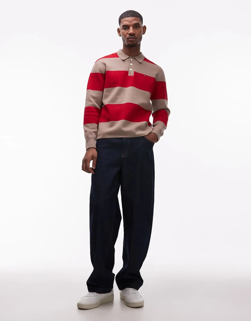 Tommy Hilfiger block stripe long sleeve rugby polo shirt in red and tan