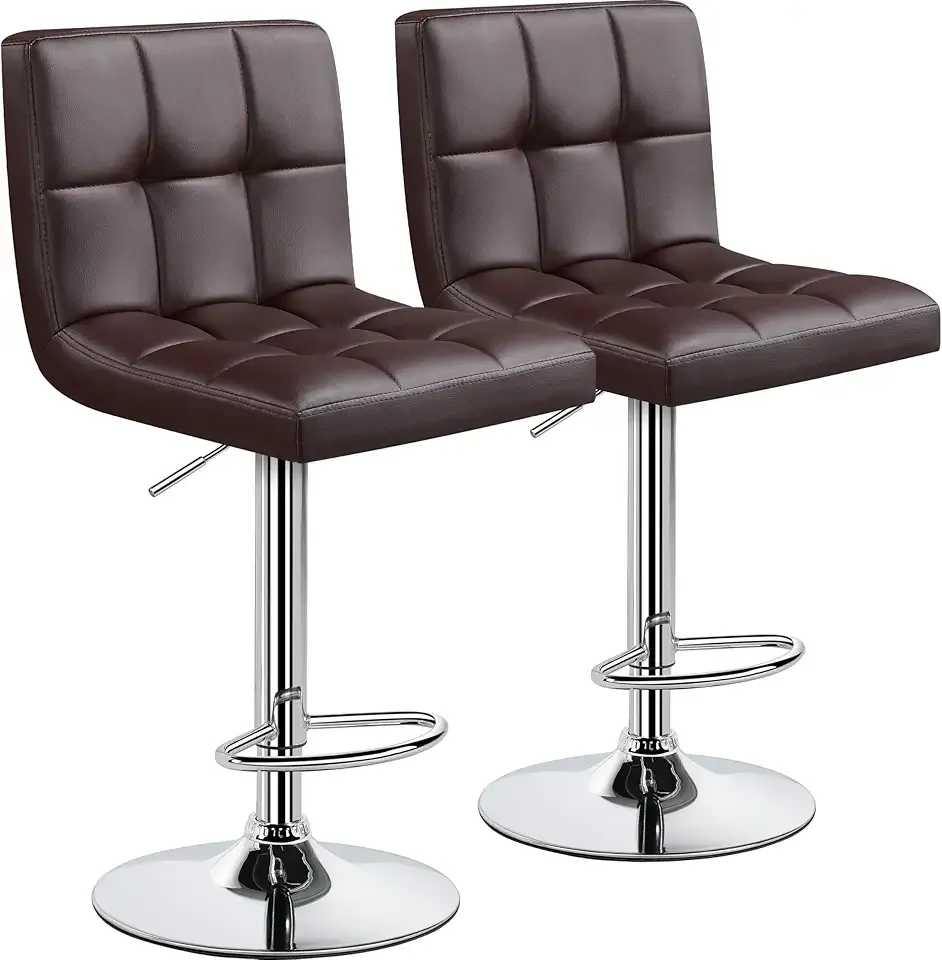 Yaheetech Bar Stools Set of 2, Adjustable PU Leather Swivel Barstools, Modern Counter Stools with Back and Footrest, Counter Height Barstools for Bar, Kitchen, Dining Room, Brown
