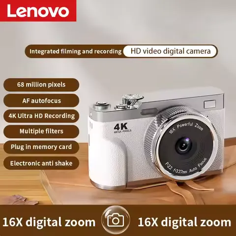 Lenovo Digital Camera HD 4K 68MP 16X Auto Zoom Smart Auto Focus Anti Shake Compact Portable CCD Camera for Travel Students Gift