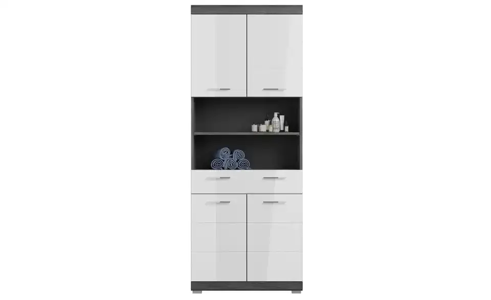 Hochschrank SCHLOONSEE, Breite 74cm, 4 Türen, 1 Schubkasten, 2 offene Fächer, MDF-Front, in verschiedenen Farben erhältlich, Badmöbel, Badschrank, Schrank, Bad Schloonsee