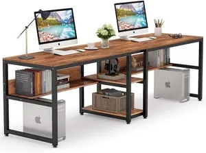 Tribesigns Escritorio con Almacenamiento, 200 cm Doble Escritorio de Ordenador para Dos, con Estante para la Oficina en Casa Rústica