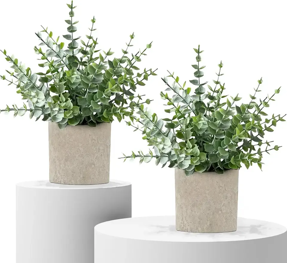 2 Pack Fake Plants Eucalyptus Potted for Home Office Bathroom Decor | Sage Green Frosted Artificial Plants, Pet and Kids Safe, Maintenance - Free Farmhouse Decor for Shelf Desk Bedroom Coffee Table