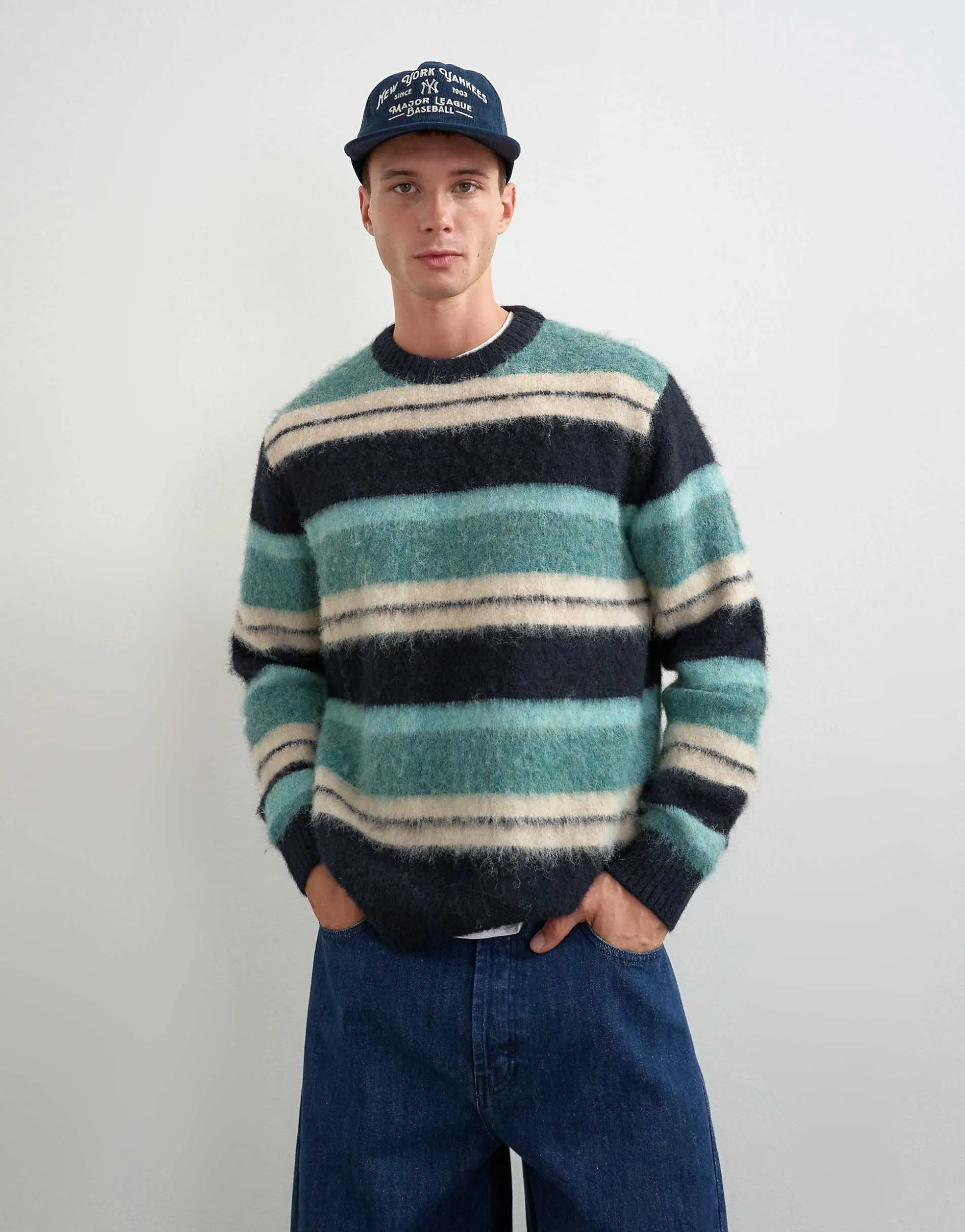 Topman relaxed fit fluffy striped knitted jumper in teal