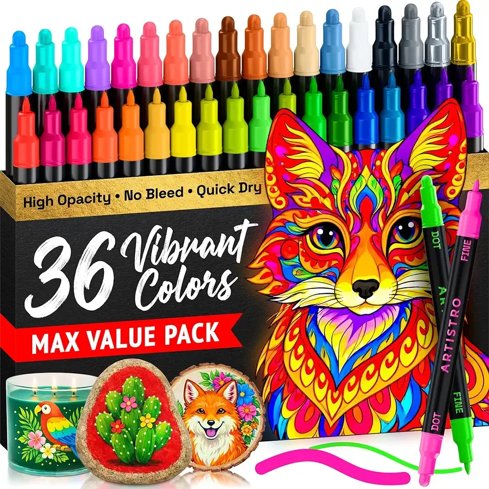ARTISTRO 36 Precision Dual-Tip Acrylic Paint Markers – Paint Pens Set with Dot & Fine Tips for Fabric, Rock, Glass, Wood, Coloring Books – Classroom & Art Supplies Gift – Teacher Appreciation Gift