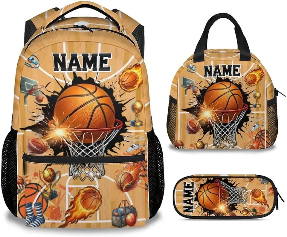 Boys Basketball Personalized Kids Backpack with Lunch Box Set for School - 17 Inch Sports School Bag for Children Teens Elementary Middle School Large Capacity Bookbag for Travel
