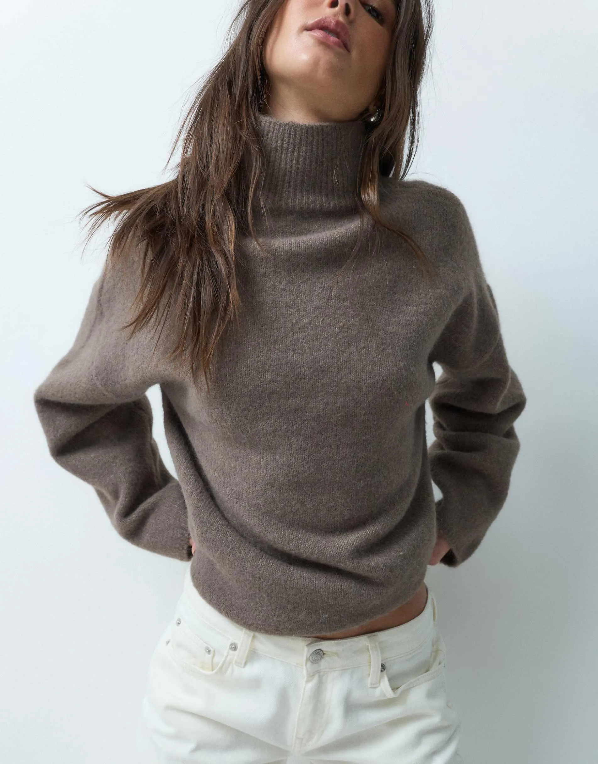 ASOS DESIGN relaxed fluffy funnel neck jumper with wool in mocha