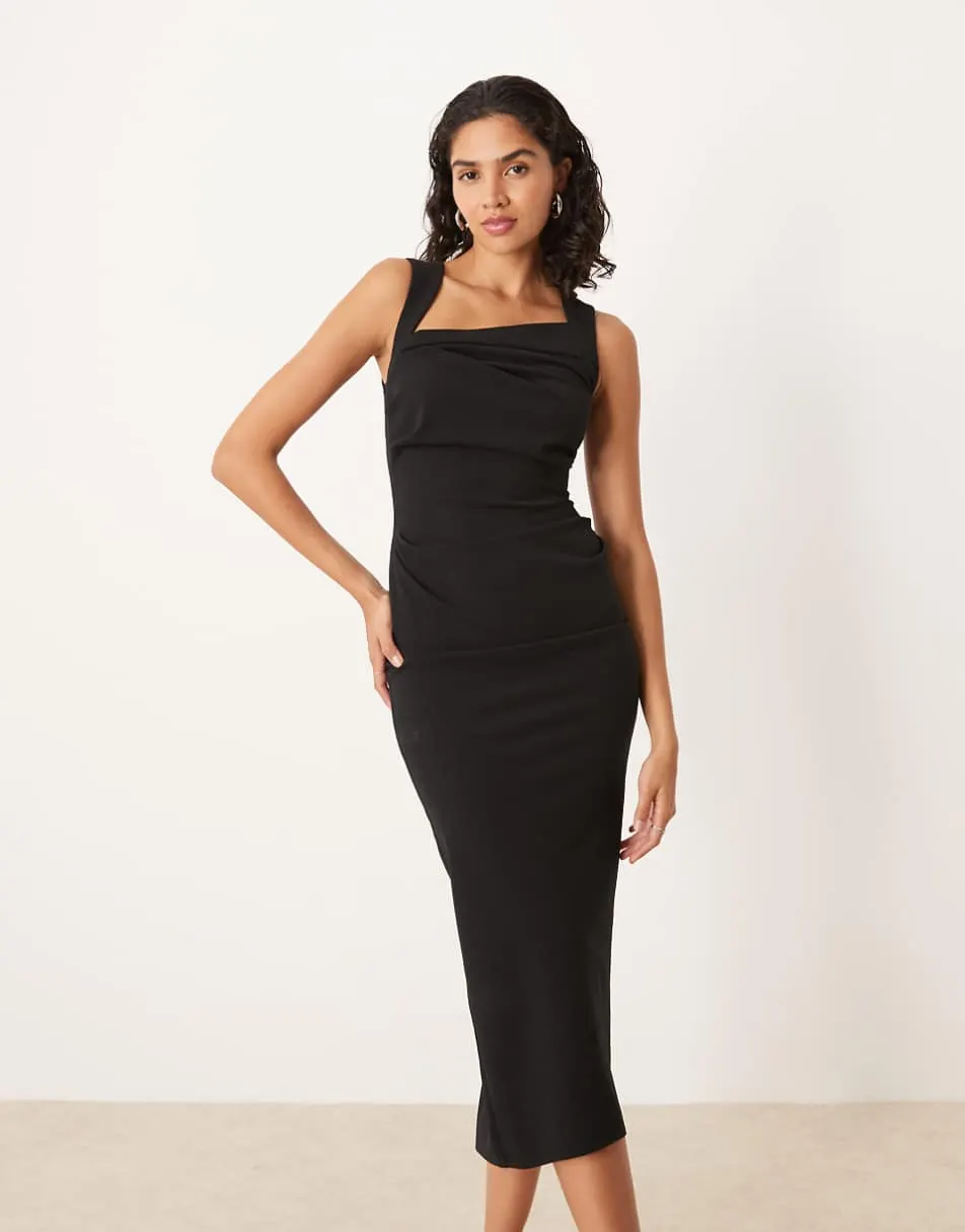 ASOS DESIGN square neck midi dress in black