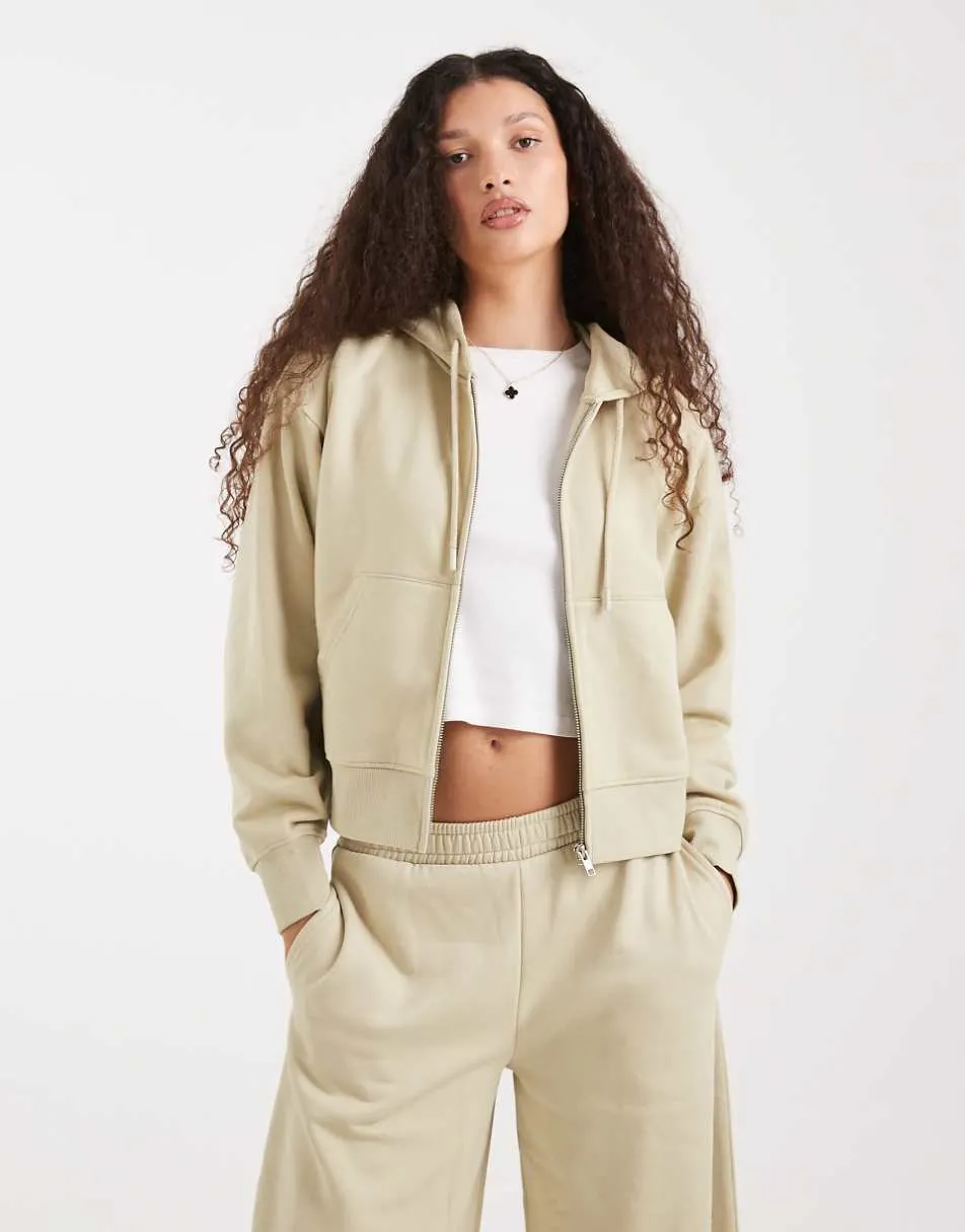 ASOS DESIGN cropped zip through brushback hoodie in olive green