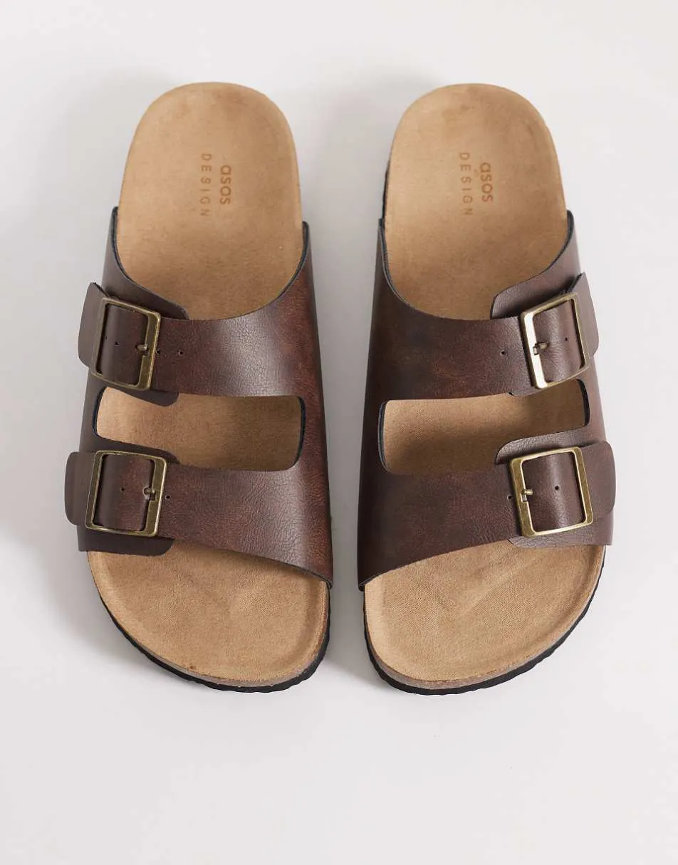 ASOS DESIGN two strap sandals with cork sole in oily brown
